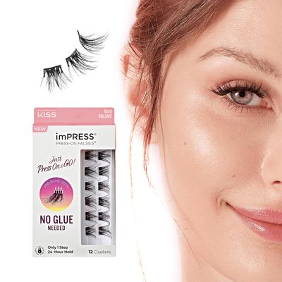 KISS imPRESS False Eyelashes, Lash Clusters, Falsies, Bold Natural&#39;, 12mm-14mm, Includes 12 pieces of pre-bonded lashes, Contact Lens Friendly, Easy to Apply, Reusable Strip Lashes