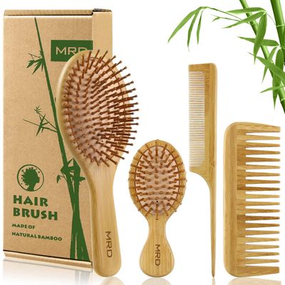 MRD Hair Brush Set, Natural Bamboo Comb Paddle Detangling Hairbrush, Wide-tooth and tail comb No Bristle, suit for Women Men and Kids ThickThinCurlyDry Hair Gift kit