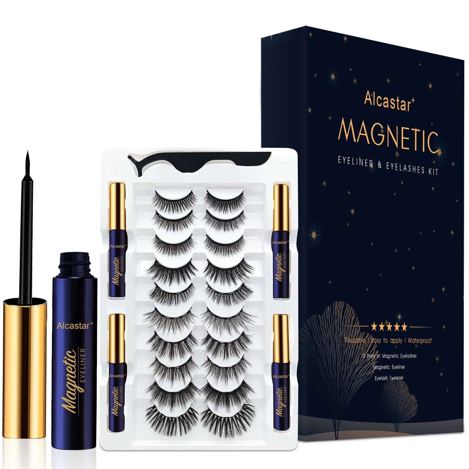 Alcastar Magnetic Eyelashes,Magnetic Eyelashes Natural Look,Magnetic Eyeliner Eyelash Kit,Magnetic Lashes Mink,Waterproof, Long Lasting, Magnetic,Easy to Apply, (Kit-A4 10 paris4 tubes)