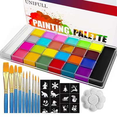 AOLIKOKO 26 Colors Face &amp; Body Paint Palette KitHalloween Makeup Kit, face painting kit professionalwith 10 Brushes30 pcs StickersIdeal for Halloween Cosplay Party SFX Arty Stage Makeup(26-Colors)