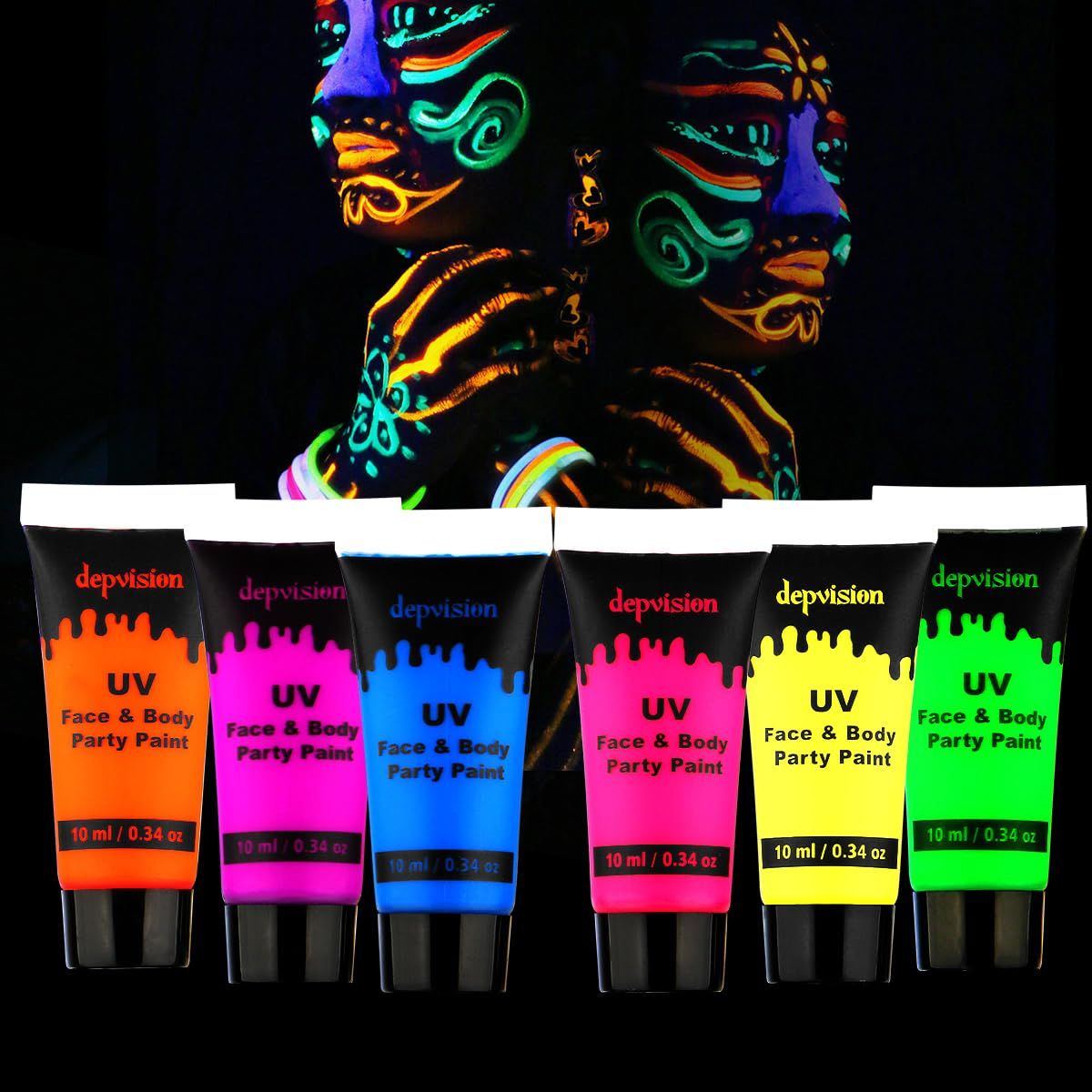 Depvision Glow in the Dark UV Face and Body Paint 610ml Neon Blacklight 0.34oz Reactive Fluorescent for Christmas Halloween Party Non-toxic