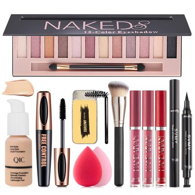All in One Makeup Kit, Includes 12 Colors Naked Eyeshadow Palette, Nude Liquid Foundation, Lipstick Set, Eyebrow Soap, Eyeliner Stamp, Waterproof Mascara, Makeup Brush, Makeup Sponges