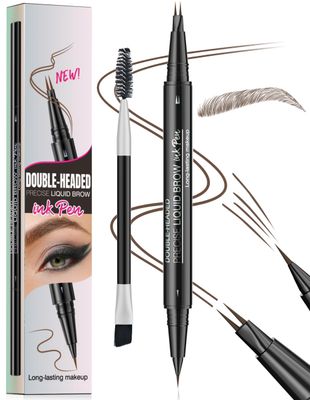 Erinde Eyebrow Pen - Eyebrow Pencil 2-in-1 Dual-Ended Eye Brow Pen with 2-Fork-Tip and Precise Brush-Tip, Microblading Eyebrow Pen for Natural Hair-Like Brows, Waterproof Long Lasting, Brown