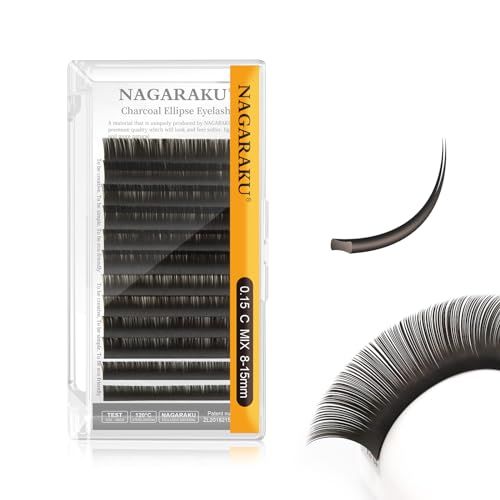 NAGARAKU Double Tips Flat Ellipse Eyelash Extensions Supplies 0.15 C curl 8-15mm Mix Natural Charcoal Color Faux Mink Super Soft Split Tips Individual Lashes