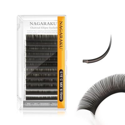 NAGARAKU Double Tips Flat Ellipse Eyelash Extensions Supplies 0.15 C curl 8-15mm Mix Natural Charcoal Color Faux Mink Super Soft Split Tips Individual Lashes