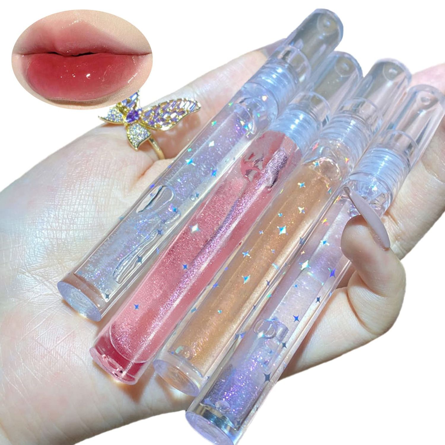 Natural Hydrating Shimmery Lip gloss set, Waterproof Long Lasting Moisturizing Lip Care Lip Oil Gloss, Diamond Transparent Shimmer Hydrating &amp; Plumping Lip Tint for Women and Girls (4PCS)