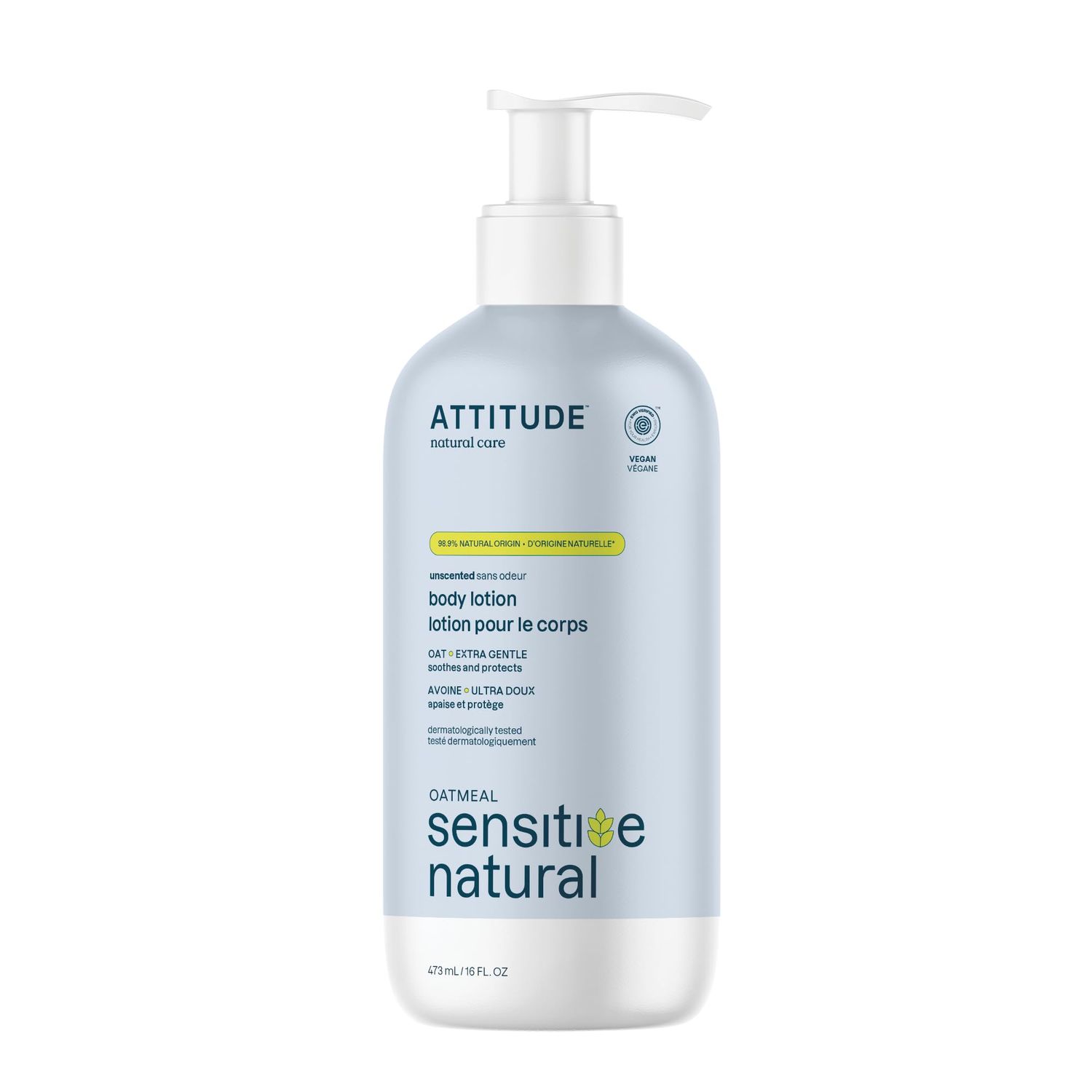 ATTITUDE Body Lotion for Sensitive Skin with Oat, EWG Verified, Dermatologically Tested, Vegan, Extra Gentle, Unscented, 16 Fl Oz