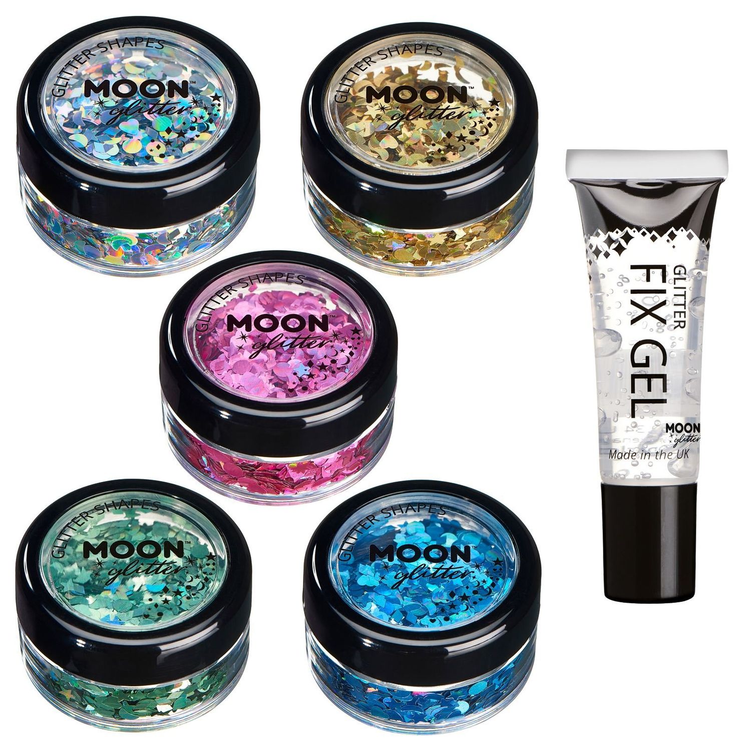 Holographic Glitter Shapes by Moon Glitter - 100% Cosmetic Glitter for Face, Body, Nails, Hair and Lips - 0.10oz - Set of 5 colours