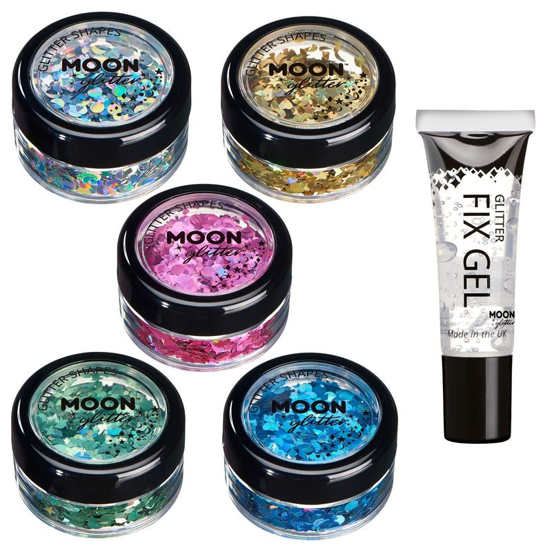 Holographic Glitter Shapes by Moon Glitter - 100% Cosmetic Glitter for Face, Body, Nails, Hair and Lips - 0.10oz - Set of 5 colours