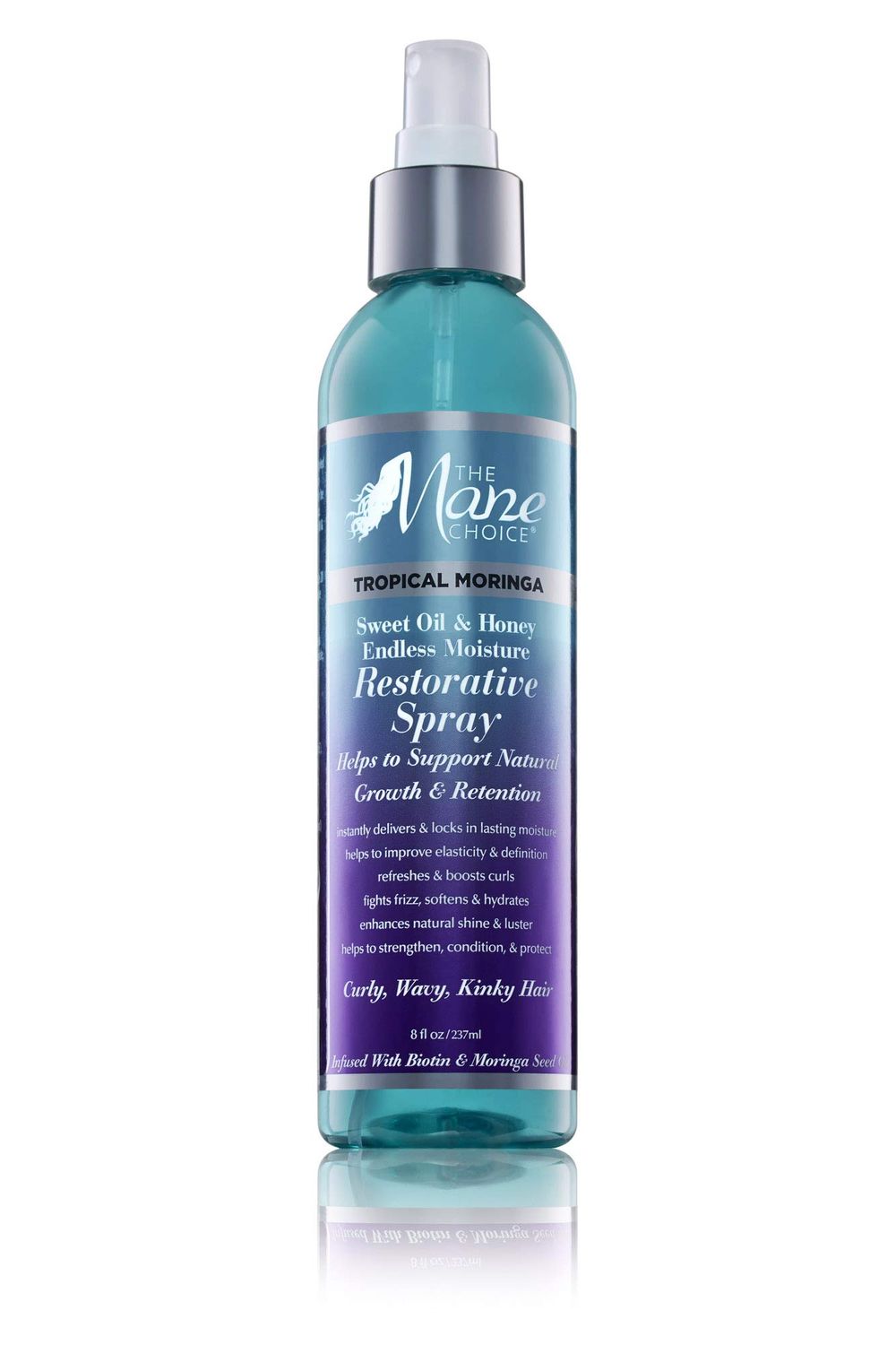 The Mane Choice Tropical Moringa Sweet Oil &amp; Honey Endless Moisture Restorative Hair Spray, Supports Natural Hair Growth &amp; Retention, Hydrating Curl Refresher &amp; Shine Spray, Fights Frizz, 8 Fl Oz