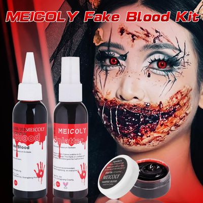 MEICOLY 4PCS Halloween Fake Blood Makeup Kit,Special Effects SFX Makeup Set for Zombie Vampire Monster Cosplay,2.1oz Fake Blood Spray2.1oz Dripping Blood1.06oz Coagulated BloodStipple Sponge