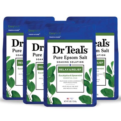 Dr Teal&#39;s Pure Epsom Salt, Relax &amp; Relief With Eucalyptus And Spearmint, 3 lb (Pack of 4) (Packaging May Vary)