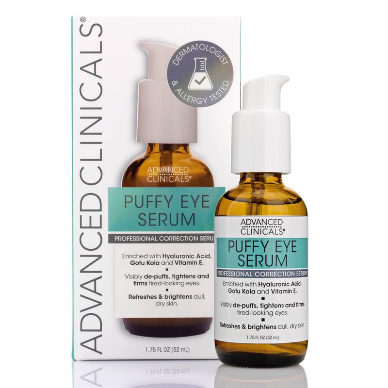 Advanced Clinicals Puffy Under Eye Face Serum Anti Aging, Brightening, &amp; Firming Serum WVitamin E, Collagen, Gotu Kola, Caffeine, &amp; Green Tea Helps Hydrate &amp; Calm Puffiness, 1.75 Fl Oz