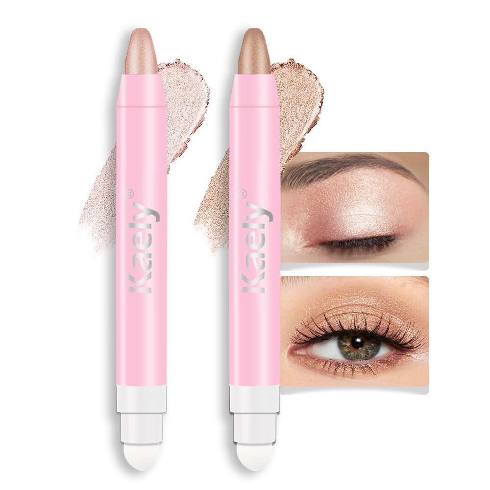 Kaely 2Pcs Cream Eye Shadow Brightener Sticks Set for Eyes Waterproof, Champagne &amp; Sand Shimmer Cream Eyeshadow Applicator Stick Long Lasting Pigmented Eye Makeup sombras en crema para ojos 1725