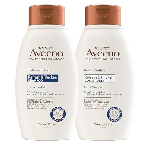 Aveeno Fresh Greens Shampoo  Conditioner with Rosemary, Peppermint &amp; Cucumber to Thicken &amp; Nourish, Clarifying &amp; Volumizing Shampoo for Thin or Fine Hair, Paraben-Free, 12 Fl Oz, 2 Count (Pack of 1)