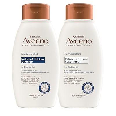 Aveeno Fresh Greens Shampoo  Conditioner with Rosemary, Peppermint &amp; Cucumber to Thicken &amp; Nourish, Clarifying &amp; Volumizing Shampoo for Thin or Fine Hair, Paraben-Free, 12 Fl Oz, 2 Count (Pack of 1)