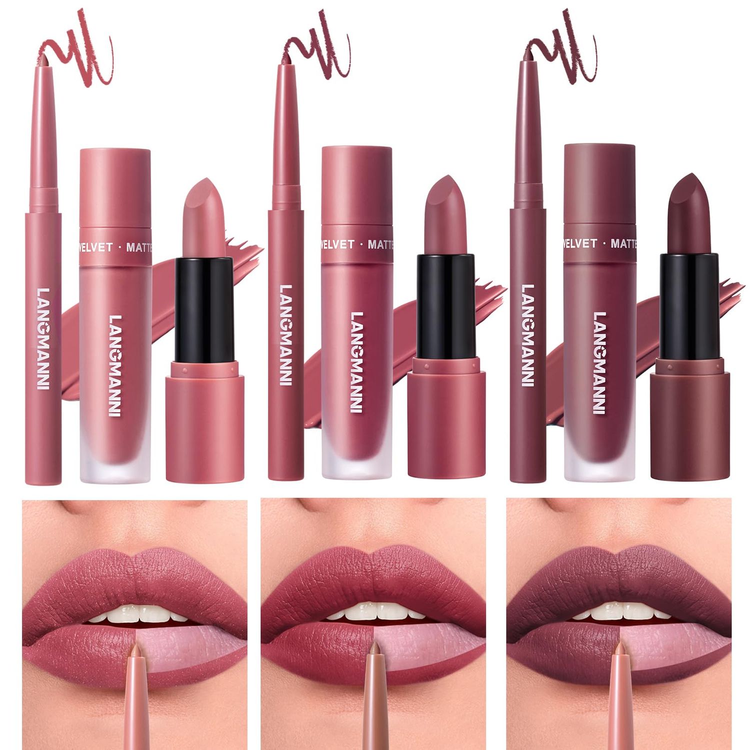 Jolilab 9 in 1 Matte Velvet Lipstick Set-Lip Liner, Lip Gloss and Lipstick, Waterproof Longlasting Pigment Nude Non-Stick Cup Women Lip Makeup, Perfect for Natural Lip Contour (040506, 1)