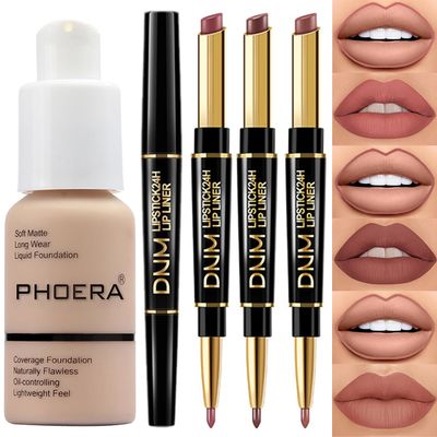 PHOERA Foundation Full Coverage,3Pcs Lip Liner and Lipstick Set Chestnut Nude Brown for Matte Finish, PHOERA Makeup Wrinkles Matte Natural Finish for a Flawless Complexion (102- NudeLip SetA)