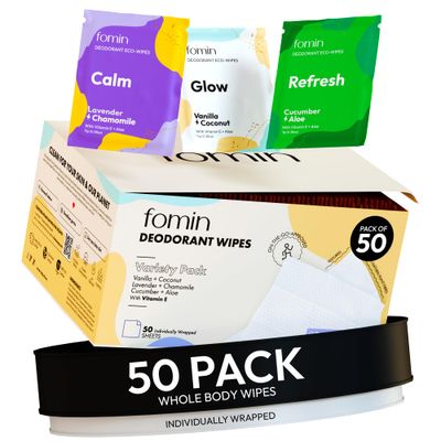 FOMIN Travel Deodorant Wipes - 50 Count - Variety Pack - pH Balanced, Hypoallergenic Mini Deodorant Wipes For Women and Men - Plastic-Free, Individually Wrapped Underarm &amp; Body Wipes