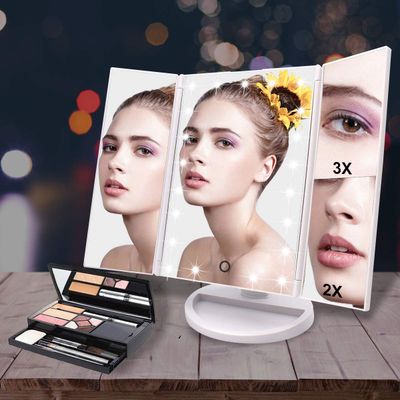 WEILY Makeup Mirror with 21 LED Lights,Two Power Supply Modes, Adjustable Touch Screen and 1x2x3x Magnification Tri-Fold Vanity Mirror,Chargeable Travel Cosmetic Mirror for Desktop(White)