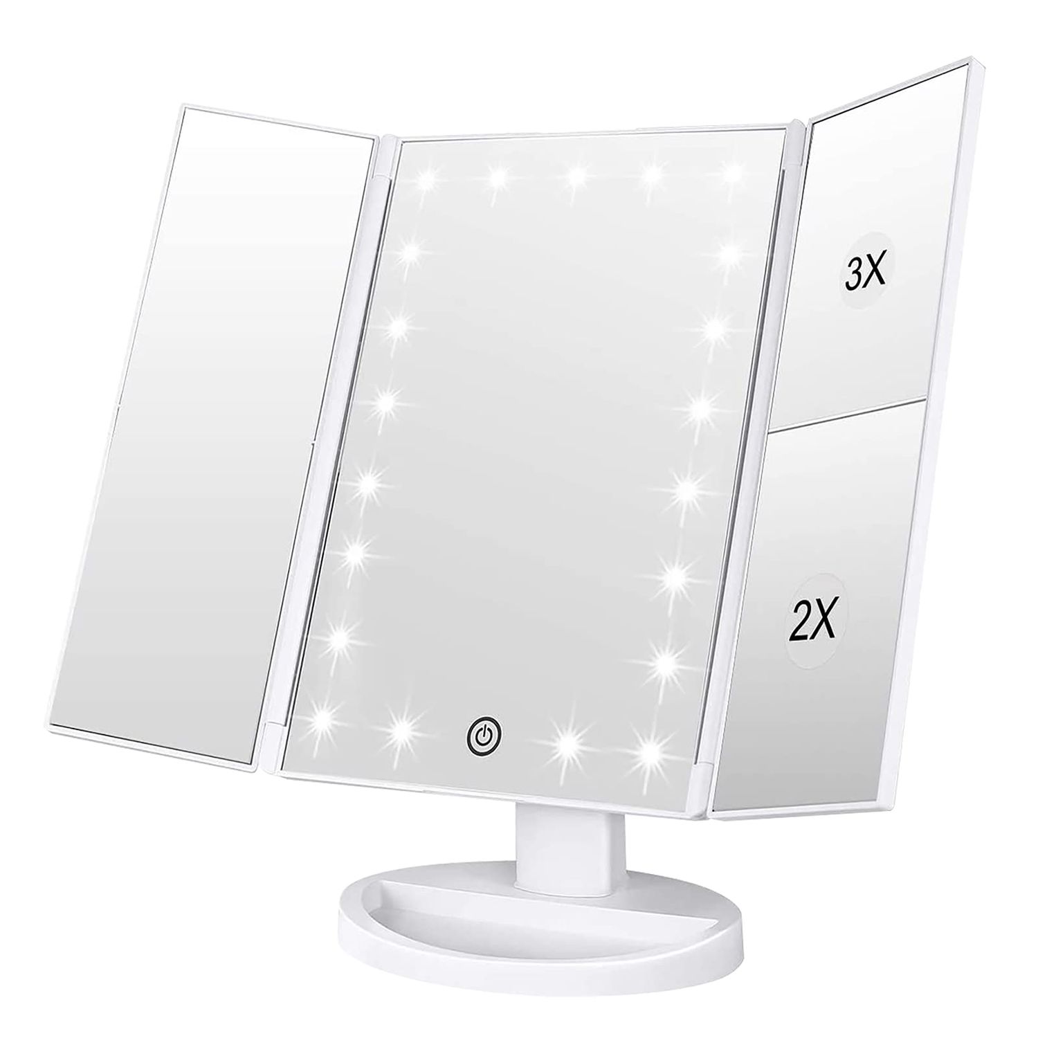 WEILY Makeup Mirror with 21 LED Lights,Two Power Supply Modes, Adjustable Touch Screen and 1x2x3x Magnification Tri-Fold Vanity Mirror,Chargeable Travel Cosmetic Mirror for Desktop(White)