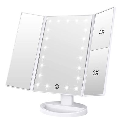 WEILY Makeup Mirror with 21 LED Lights,Two Power Supply Modes, Adjustable Touch Screen and 1x2x3x Magnification Tri-Fold Vanity Mirror,Chargeable Travel Cosmetic Mirror for Desktop(White)
