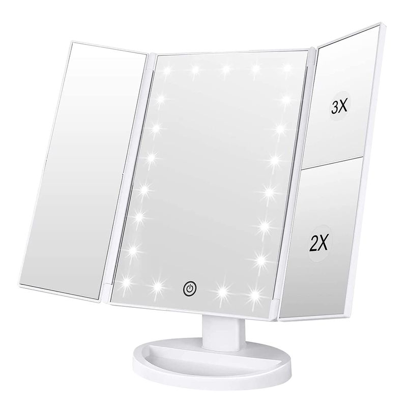 WEILY Makeup Mirror with 21 LED Lights,Two Power Supply Modes, Adjustable Touch Screen and 1x2x3x Magnification Tri-Fold Vanity Mirror,Chargeable Travel Cosmetic Mirror for Desktop(White)