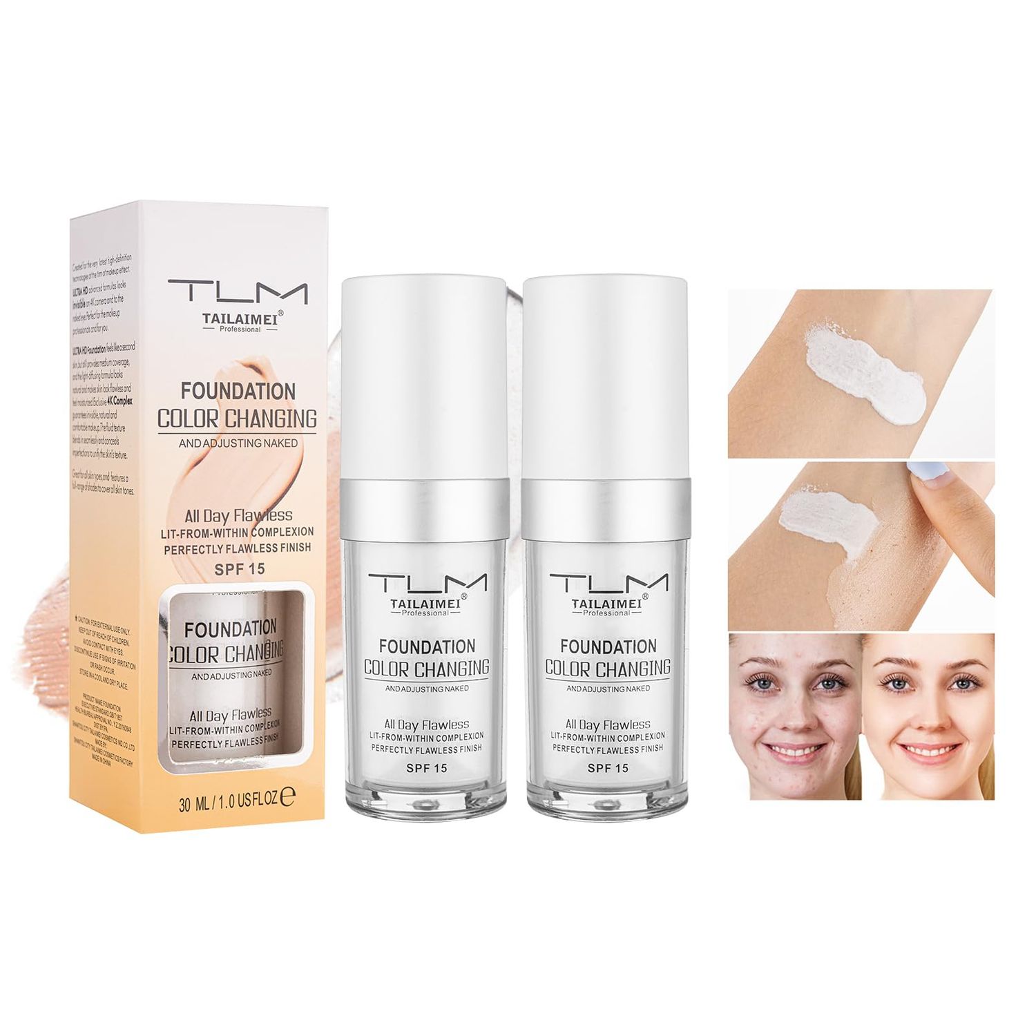 TLM Color Changing Foundation for Color Correction, Even Skin Tone and Coverage of Imperfections for a Natural Facial Look, includes SPF15 Foundation, Full Coverage Foundation 1.0floz x2pcs