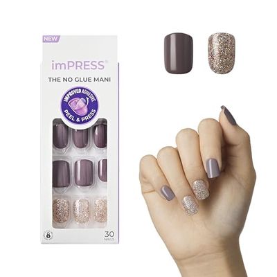 KISS imPRESS Press-On Manicure, Nail Kit, PureFit Technology, Short Press-On Nails, Square, &#39;Flawless&#39;, Includes Prep Pad, Mini Nail File, Cuticle Stick, and 30 Fake Nails Purple and Silver