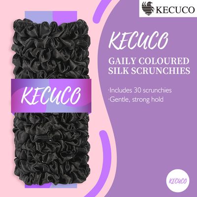 KECUCO 30Pcs Black Satin Hair Scrunchies, Silk Hair Ties for Women Girls Hair Accessories Gift, Value Package, Premium Material, Non-Slip Design, Pain-Free, Damage-Free (Black, 30 Count)