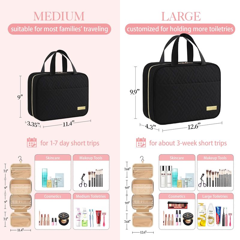 HOTOR Travel Toiletry Bag - Toiletry Bag wHanging Hook - Spacious Toiletry Bag for Women &amp; Men, Makeup BagBig Comparment, Waterproof for Travel Accessories, Travel Essentials, Medium, Black