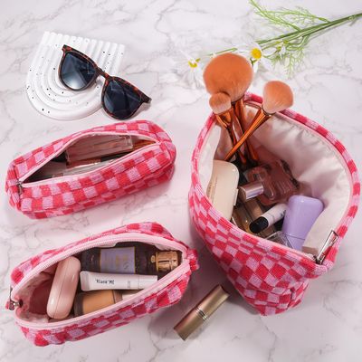 ZLFSRQ 3Pcs Checkered Makeup Bag for Women Large Cosmetic Bag Set Travel Toiletry Bag Makeup Pouch Bag for Purse Pink Zipper Storage Bag Organizer Cute Small Aesthetic Girls Car Essentials Bag