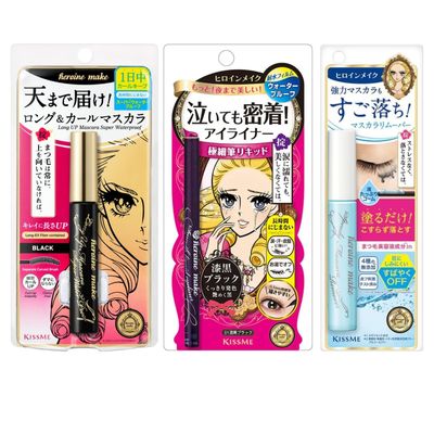 HEROINE MAKE by KISSME Trio Set, 3 Full-Size, Waterproof Lengthening &amp; Volume FiberTubing Black Mascara  Smooth Liquid Black Eyeliner, Smudge-free  Gentle Eye Makeup Remover for Waterproof Mascara