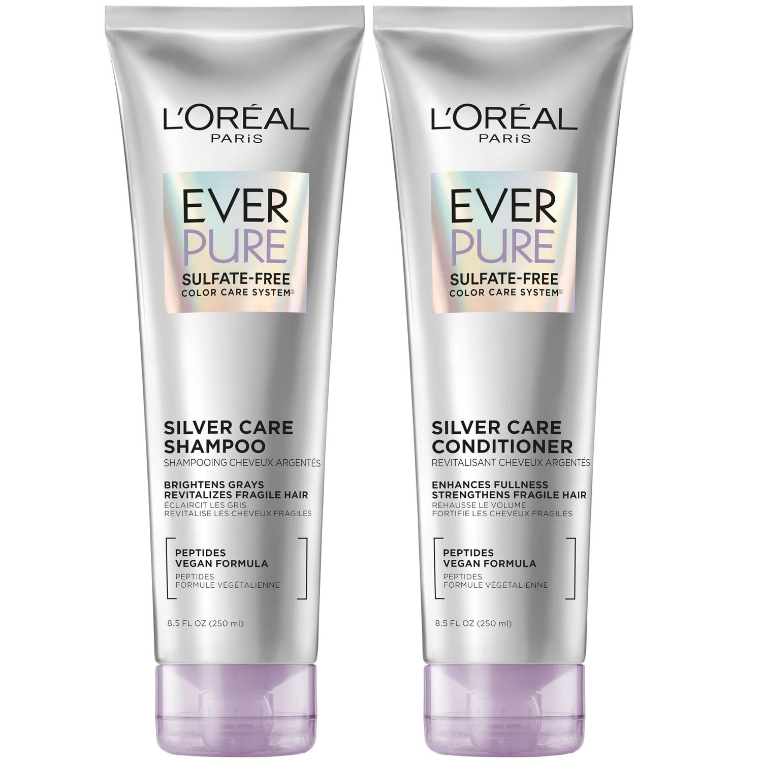 L&#39;Oreal Paris EverPure Silver Care Sulfate Free Shampoo and Conditioner Set, Nourishing Vegan Formula with Peptides for Brightening Gray Hair, 1 Kit