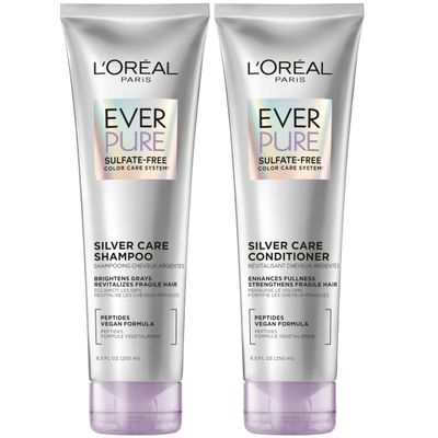 L&#39;Oreal Paris EverPure Silver Care Sulfate Free Shampoo and Conditioner Set, Nourishing Vegan Formula with Peptides for Brightening Gray Hair, 1 Kit