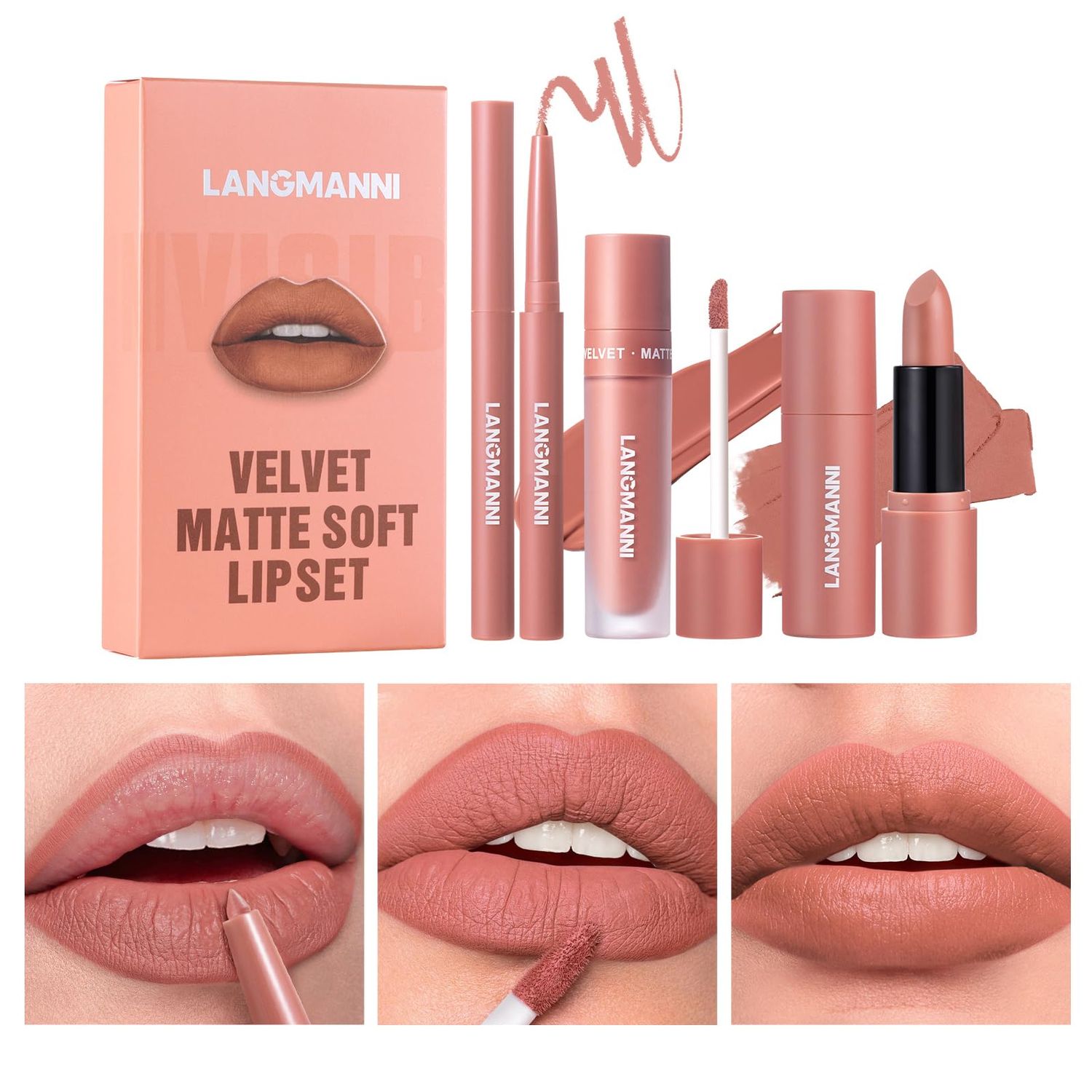 LANGMANNI 3 in 1 Matte Velvet Lipstick Set-Lip Liner,Lip Gloss and Lipstick Combo,Perfect for Natural Lip Contour,Waterproof And Longlasting Effect Lip Makeup,Unique Festival Gift (#02, Pack of 1)