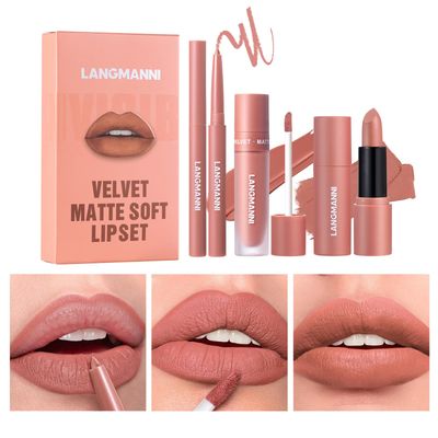 LANGMANNI 3 in 1 Matte Velvet Lipstick Set-Lip Liner,Lip Gloss and Lipstick Combo,Perfect for Natural Lip Contour,Waterproof And Longlasting Effect Lip Makeup,Unique Festival Gift (#02, Pack of 1)