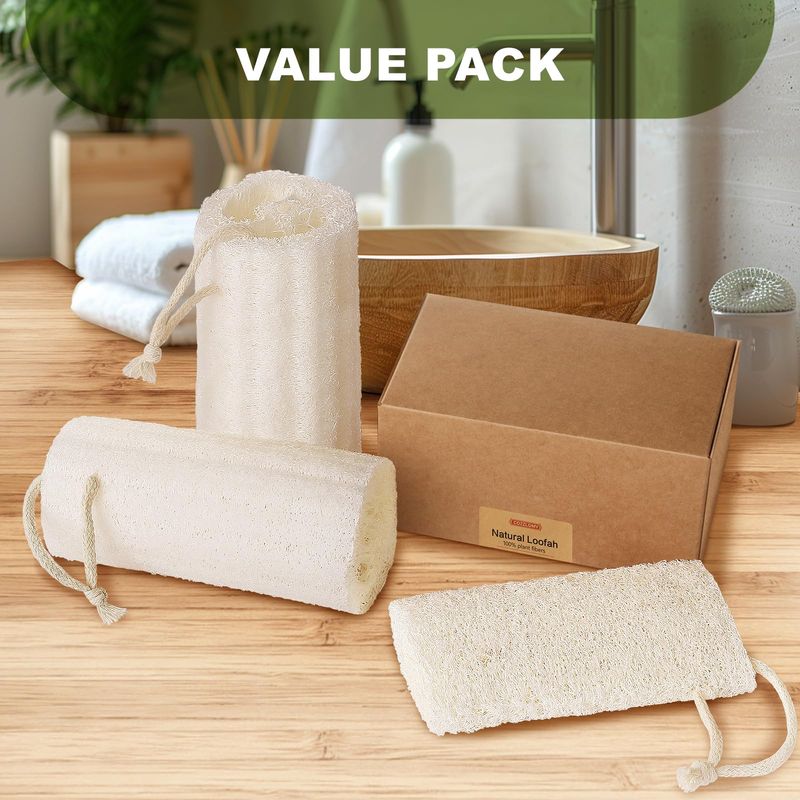 COZZLOMY Natural Loofah Body Scrubber Sponge, Set of 3 Organic 5 Inch Luffa for Exfoliating &amp; Smooth Skin Cleansing, Ideal for Men &amp; Women, Spa &amp; Shower Use