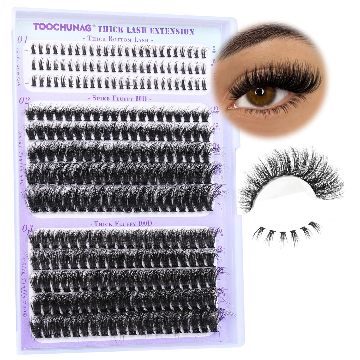 TOOCHUNAG Fluffy Lash Clusters with Bottom Lashes Thick Cluster Eyelash Extensions Wispy Individual Lashes Bottom Eyelash Clusters 10-18mm 80D100D Clusters Lashes DIY Curly Lash Extension at Home