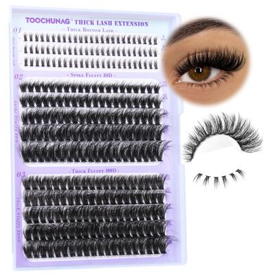 TOOCHUNAG Fluffy Lash Clusters with Bottom Lashes Thick Cluster Eyelash Extensions Wispy Individual Lashes Bottom Eyelash Clusters 10-18mm 80D100D Clusters Lashes DIY Curly Lash Extension at Home