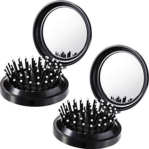 Boao 2 Pack Foldable Travel Mirror Hair Brushes Round Portable Folding Pocket Hair Brush Mini Hair Comb Compact Travel Size Hair Massage Comb for Men Women(Black)
