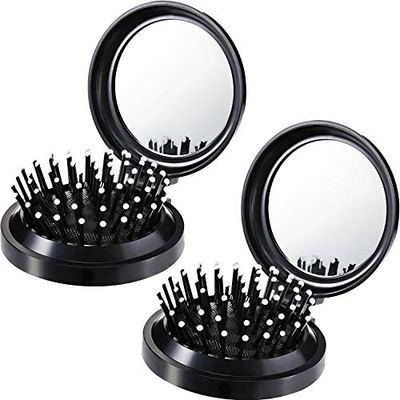 Boao 2 Pack Foldable Travel Mirror Hair Brushes Round Portable Folding Pocket Hair Brush Mini Hair Comb Compact Travel Size Hair Massage Comb for Men Women(Black)