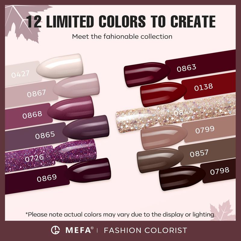 MEFA Gel Nail Polish Set, 12 Colors Burgundy Red Gel Polish Set Champagne Gold Glitter Nail Polish Gel Soak Off Dark Red Purple Shimmer Nude Brown Gel Nail Gifts for Women Girl DIY Salon Home Manicure