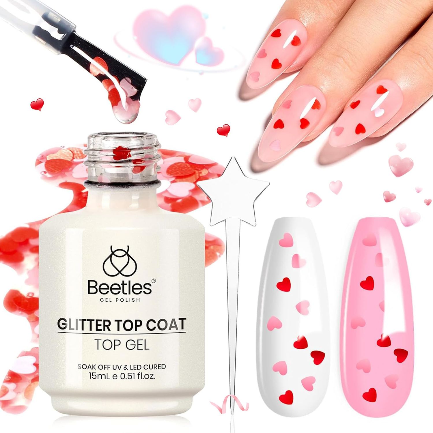 Beetles Gel Polish 15ML Clear Pink Color Gel Top Coat With Pink &amp; Red Heart Shape Valentines Day Gift for Mom, Glass Polish Soak Off UV No Wipe Beetles Romantic Heart Glitter Top Coat for Sparkle Nail