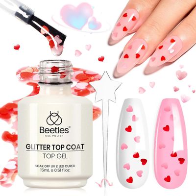 Beetles Gel Polish 15ML Clear Pink Color Gel Top Coat With Pink &amp; Red Heart Shape Valentines Day Gift for Mom, Glass Polish Soak Off UV No Wipe Beetles Romantic Heart Glitter Top Coat for Sparkle Nail