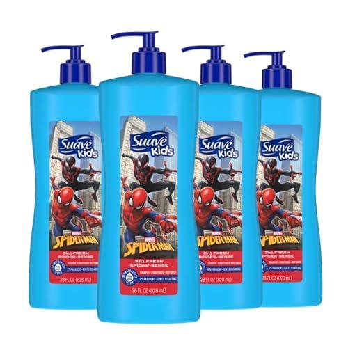 Suave Kids 3 in 1 Shampoo Conditioner Body Wash For Tear-Free Bath Time, Fresh Spider-Sense, Dermatologist-Tested Kids Shampoo 3 in 1 Formula 28 oz, Pack of 4
