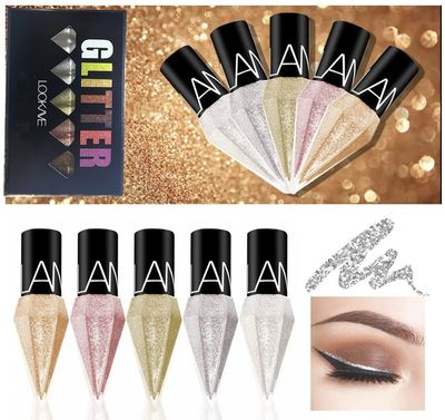 Go Ho Glitter Liquid Eyeliner Colorful Set,5 Colors Metallic Shimmer White Silver Gold Diamond Eye Liner,Glitter Eyeliner Eyeshadow Shine,Waterproof Long Lasting Glow Sparkle Eye Glitter Makeup
