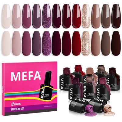 MEFA Gel Nail Polish Set, 12 Colors Burgundy Red Gel Polish Set Champagne Gold Glitter Nail Polish Gel Soak Off Dark Red Purple Shimmer Nude Brown Gel Nail Gifts for Women Girl DIY Salon Home Manicure