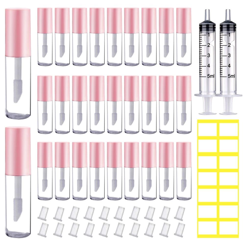 AMORIX 50PCS Mini Lip Gloss Tubes with Wand 1.2ml Empty Lip Gloss Containers Refillable Travel Lip Balm Tubes for Samples with 5ml Syringes DIY Lip Gloss Base  Labels (Pink)