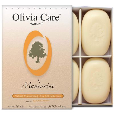 Olivia Care Bath &amp; Body Bar Mandarin Soap 4 Pack Gift Box Organic, Vegan &amp; Natural Contains Olive Oil Repairs, Hydrates, Moisturizes &amp; Deep Cleans Good for Sensitive Dry Skin Made in USA